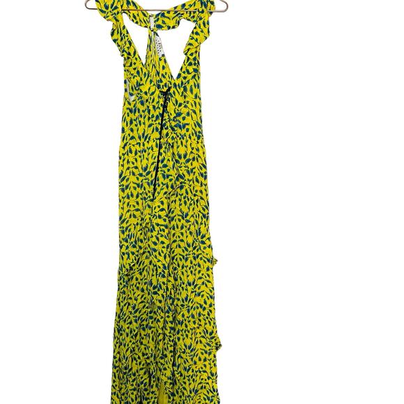 TANYA TAYLOR Yellow Blue Printed Silk Chiffon V-Neckline Maxi Dress Size 2 - Picture 3 of 13